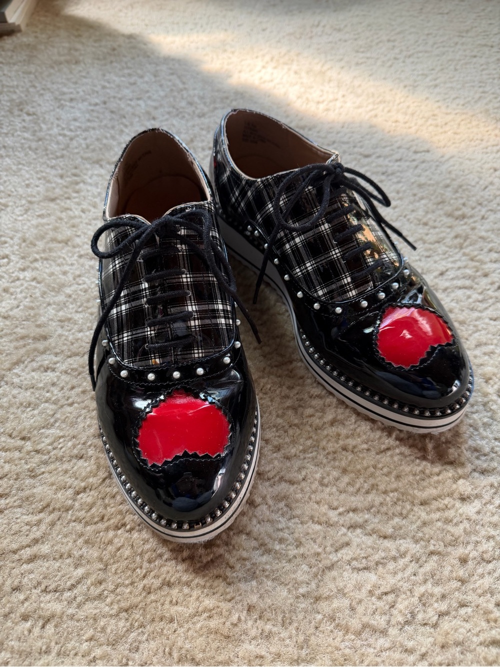 Betsey Johnson x Torrid NONA Black Plaid Patent Oxfords with Red Heart